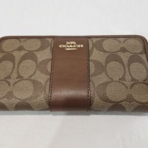 Coach Brown Signature Canvas Continental Wallet with Leather Strap